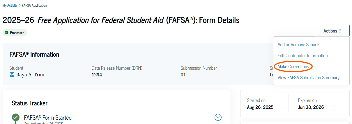 Making a FAFSA correction